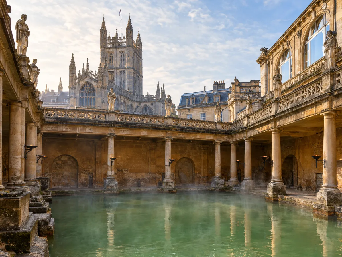 Das Great Bath der Römischen Bäder mit Säulen und dem Turm der Abbey im Hintergrund