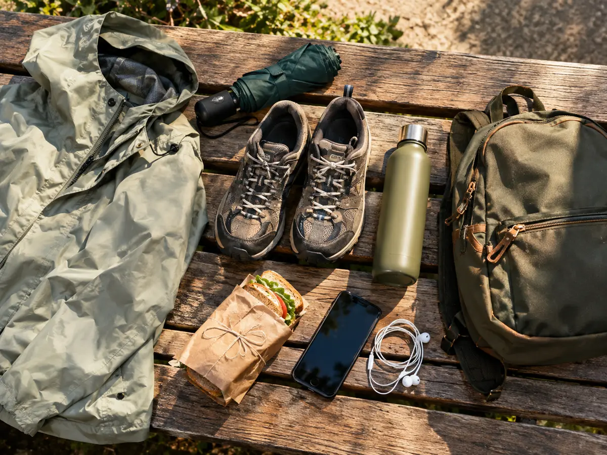Regenjacke, Schirm, Wanderschuhe, Wasserflasche und ein Sandwich auf einer Bank ausgelegt